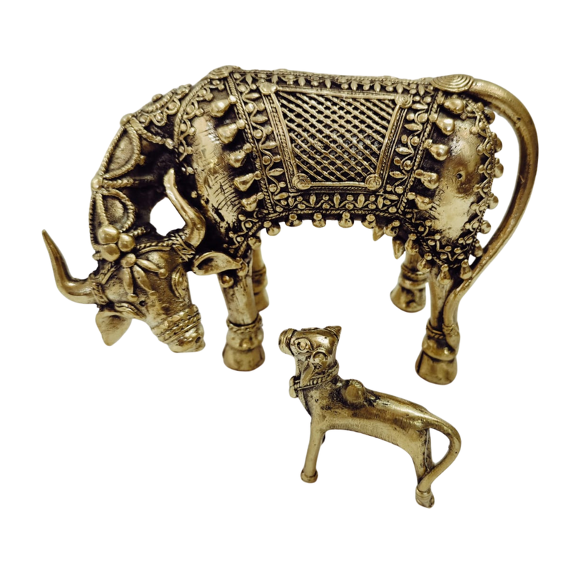 Dhokra Designer Cow with Calf – Handcrafted Brass Tribal Figurine | Bastar Art