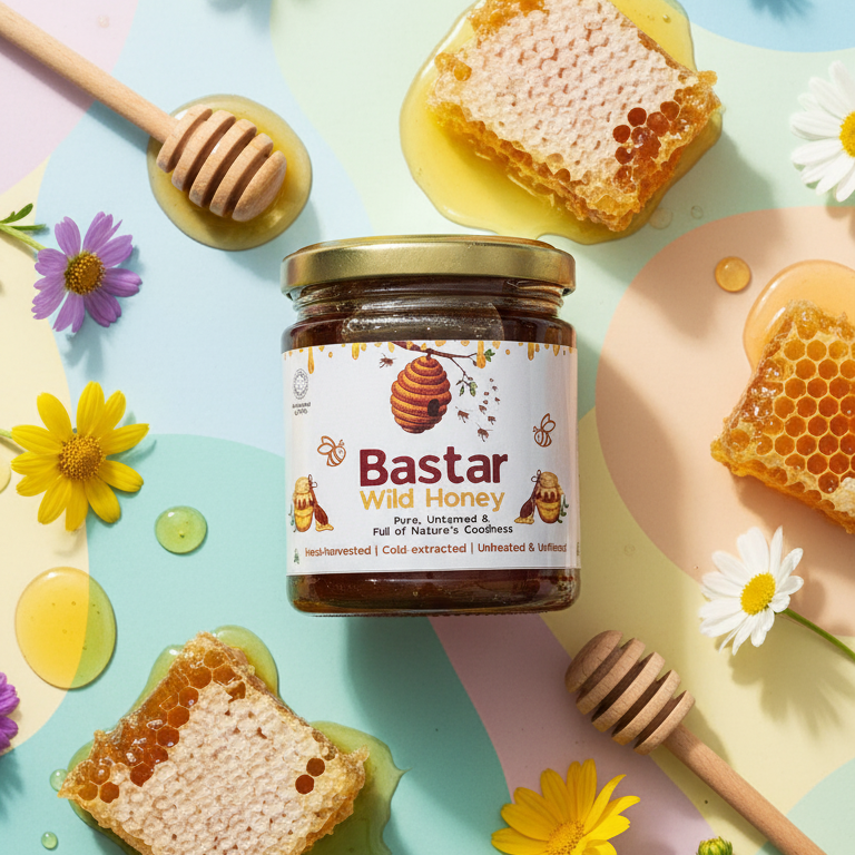 A jar of Bastar Wild Honey centered on a pastel multicolor background, surrounded by honeycomb pieces, wooden honey dips, and small wildflowers. The label reads 'Bastar Wild Honey'.
