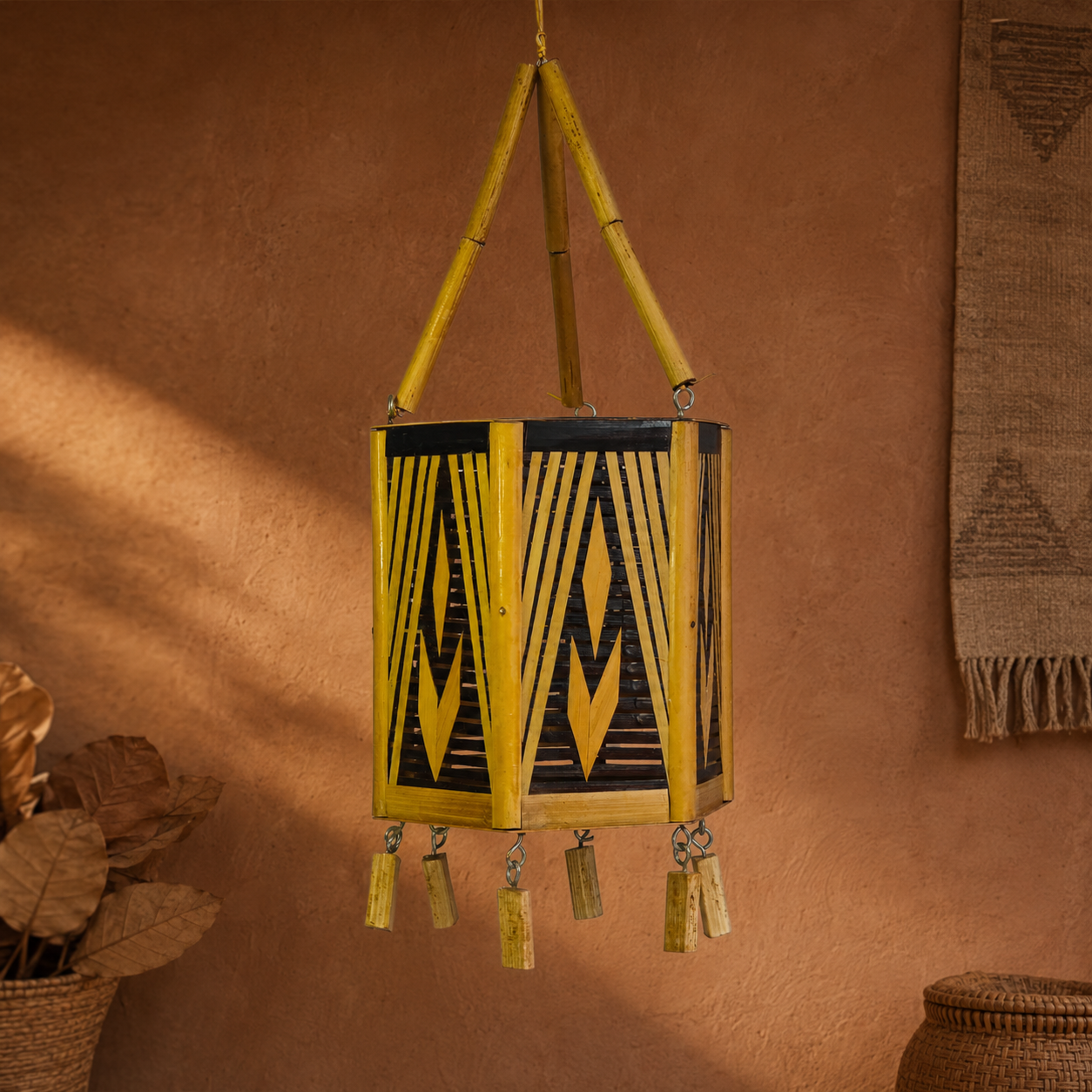 Bastar bamboo hanging lamp styled against a terracotta craft-gallery wall