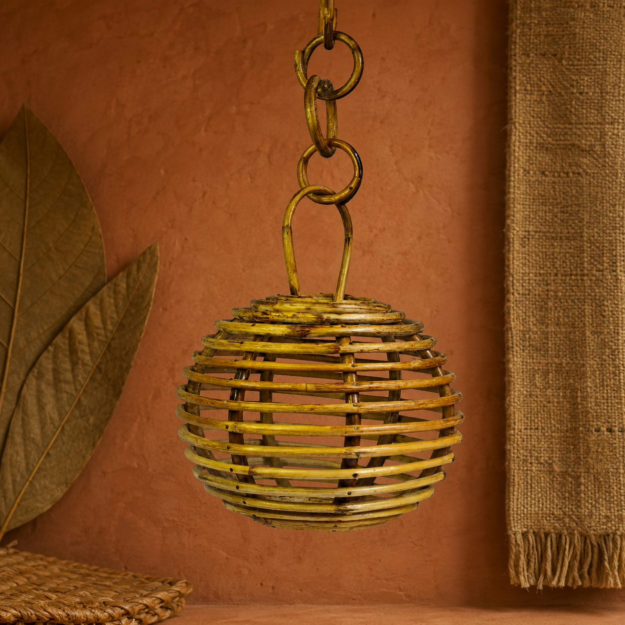 Round handcrafted bamboo lamp styled against a terracotta Bastar craft-gallery wall
