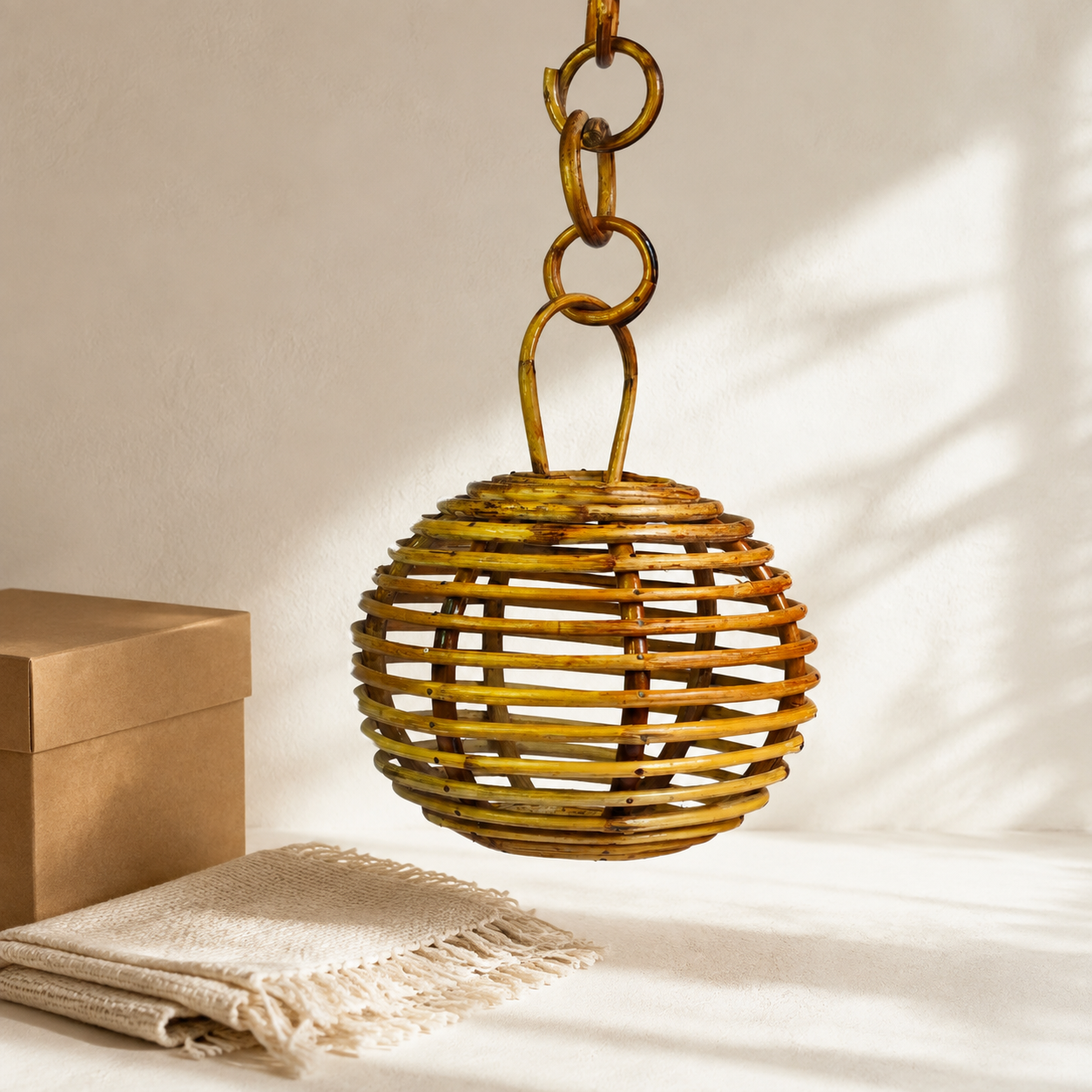Round handcrafted Bastar bamboo hanging lamp presented beside a kraft gift box and woven cloth