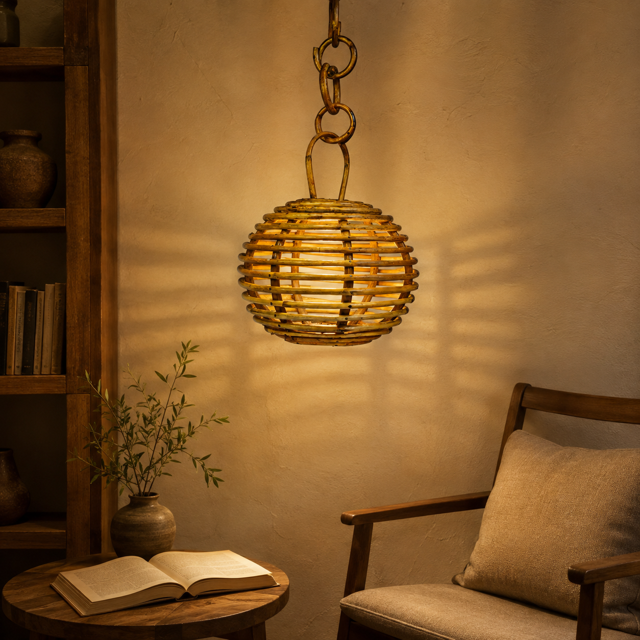 Round Bastar bamboo hanging lamp glowing in a warm living-room reading corner