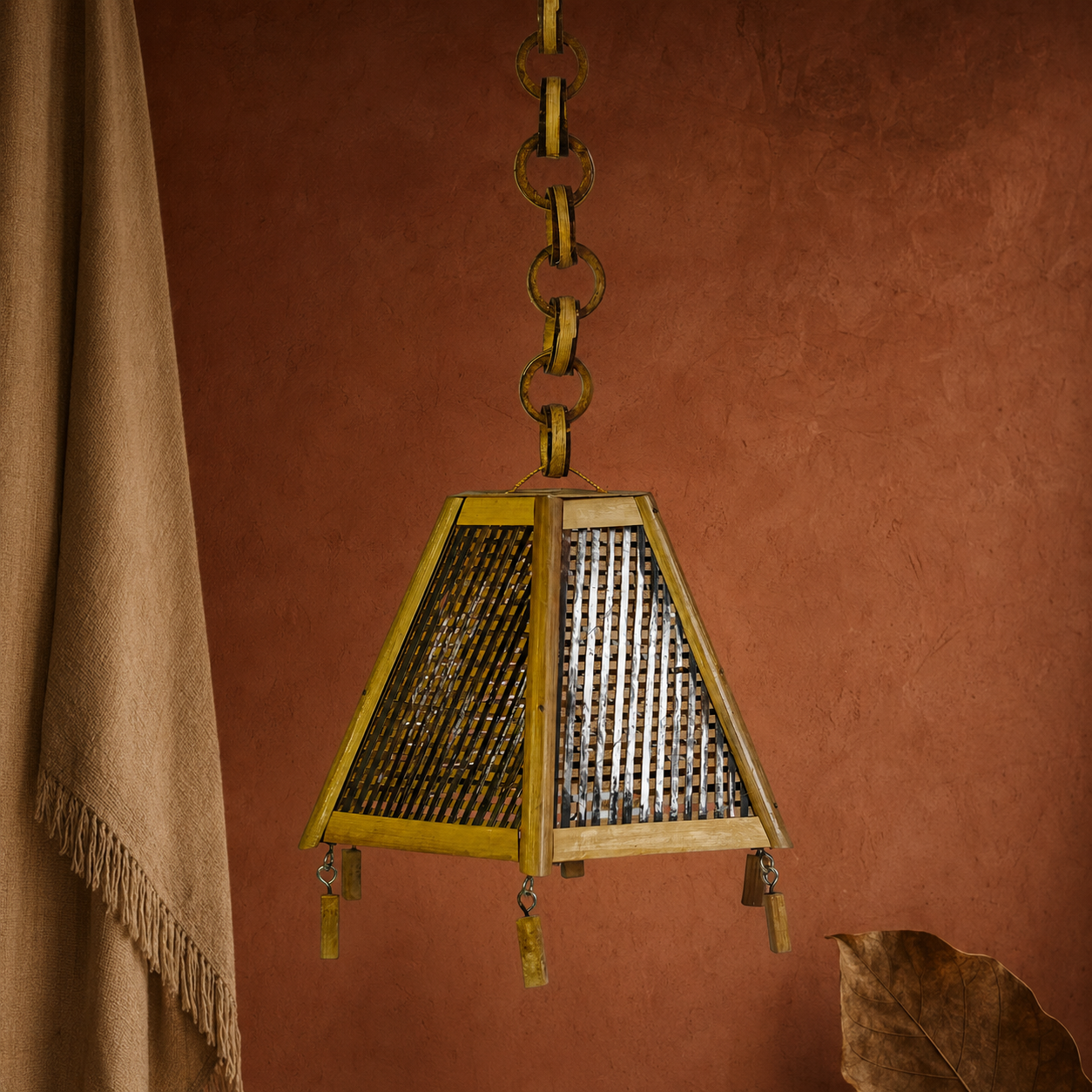 Handcrafted Bastar bamboo lamp displayed against a terracotta craft editorial backdrop