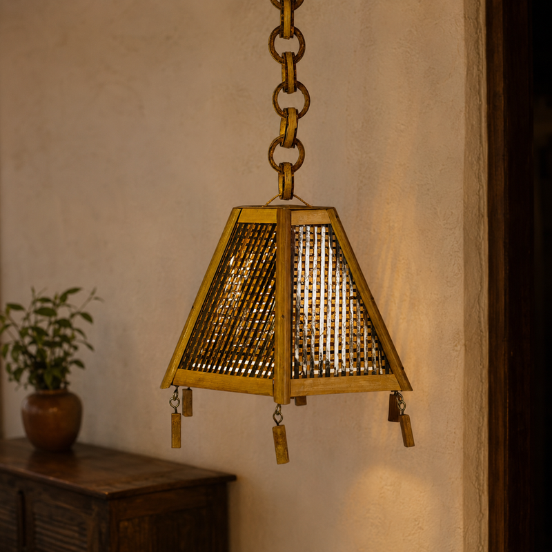 Bastar bamboo hanging lamp casting a warm patterned glow in a natural interior