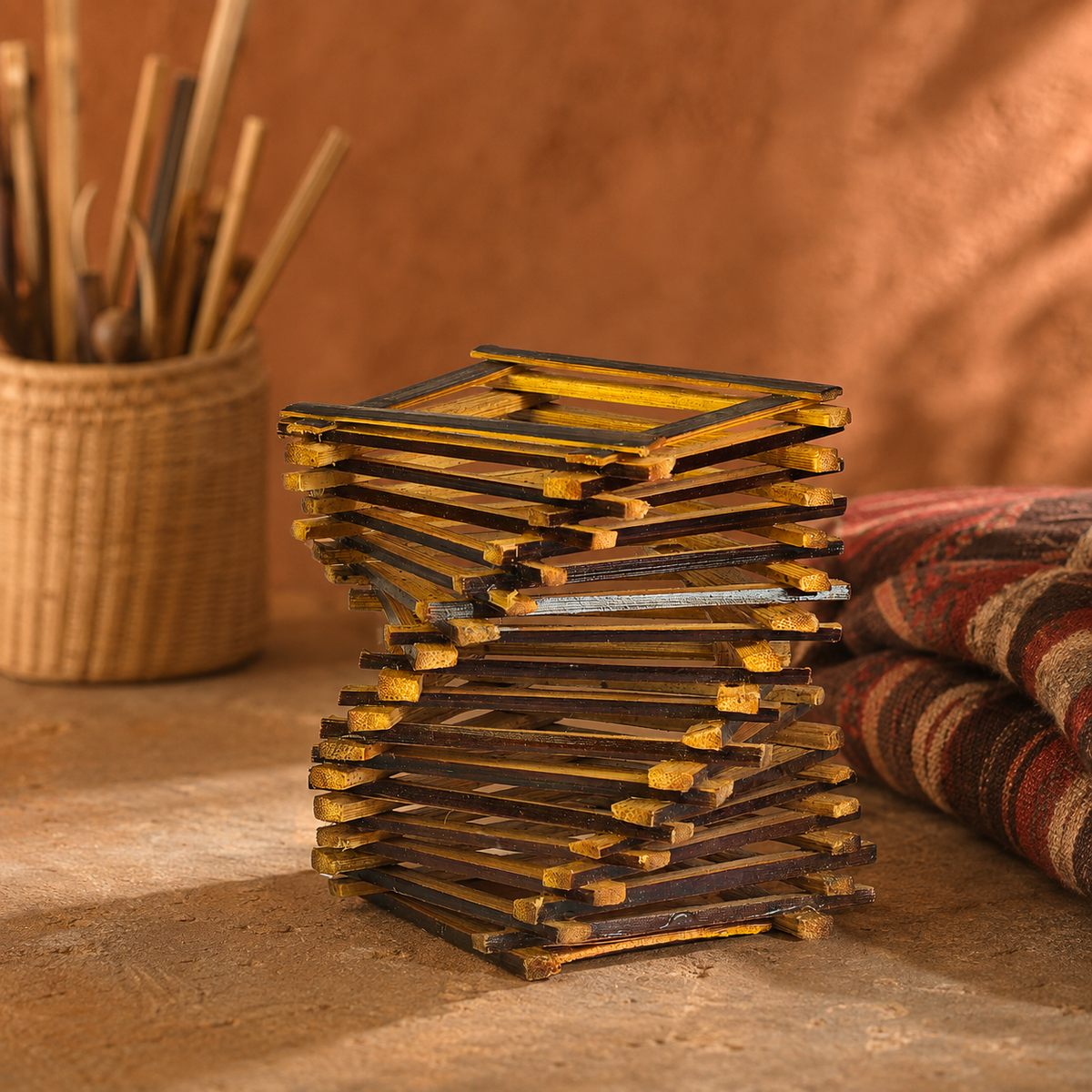 Bastar bamboo pen stand styled with handloom textile in a warm artisan-inspired setting
