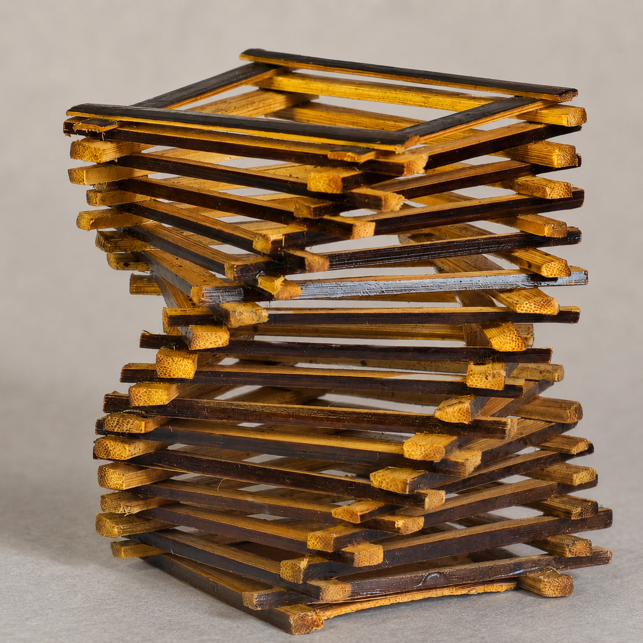 Close view of the hand-cut bamboo strips and open lattice craftsmanship of the pen stand