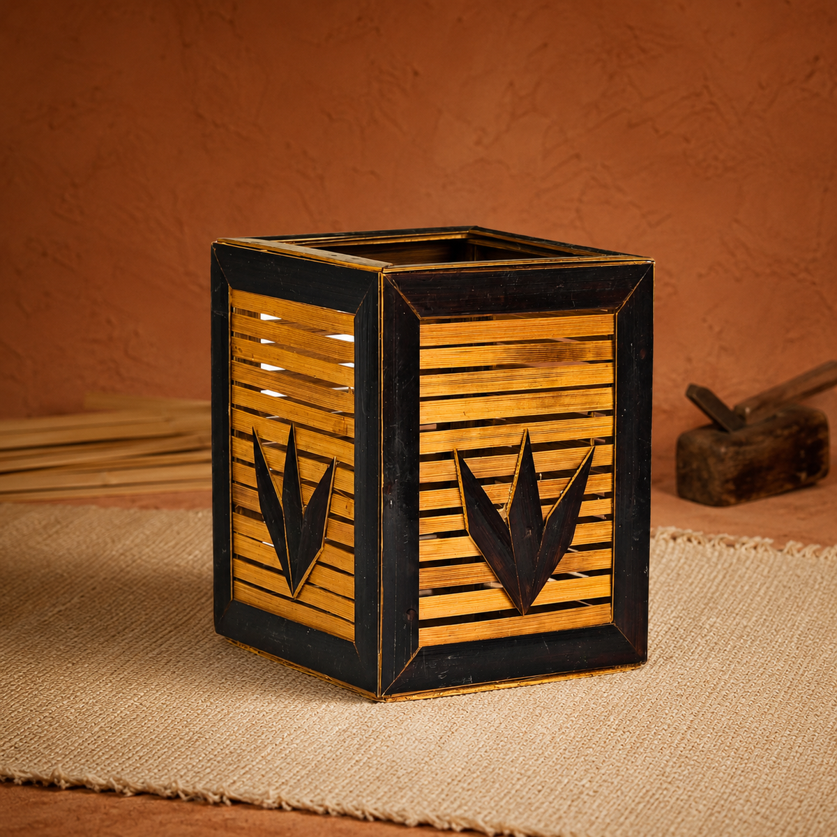 Handcrafted Bastar bamboo pen stand in an earthy craft editorial setting