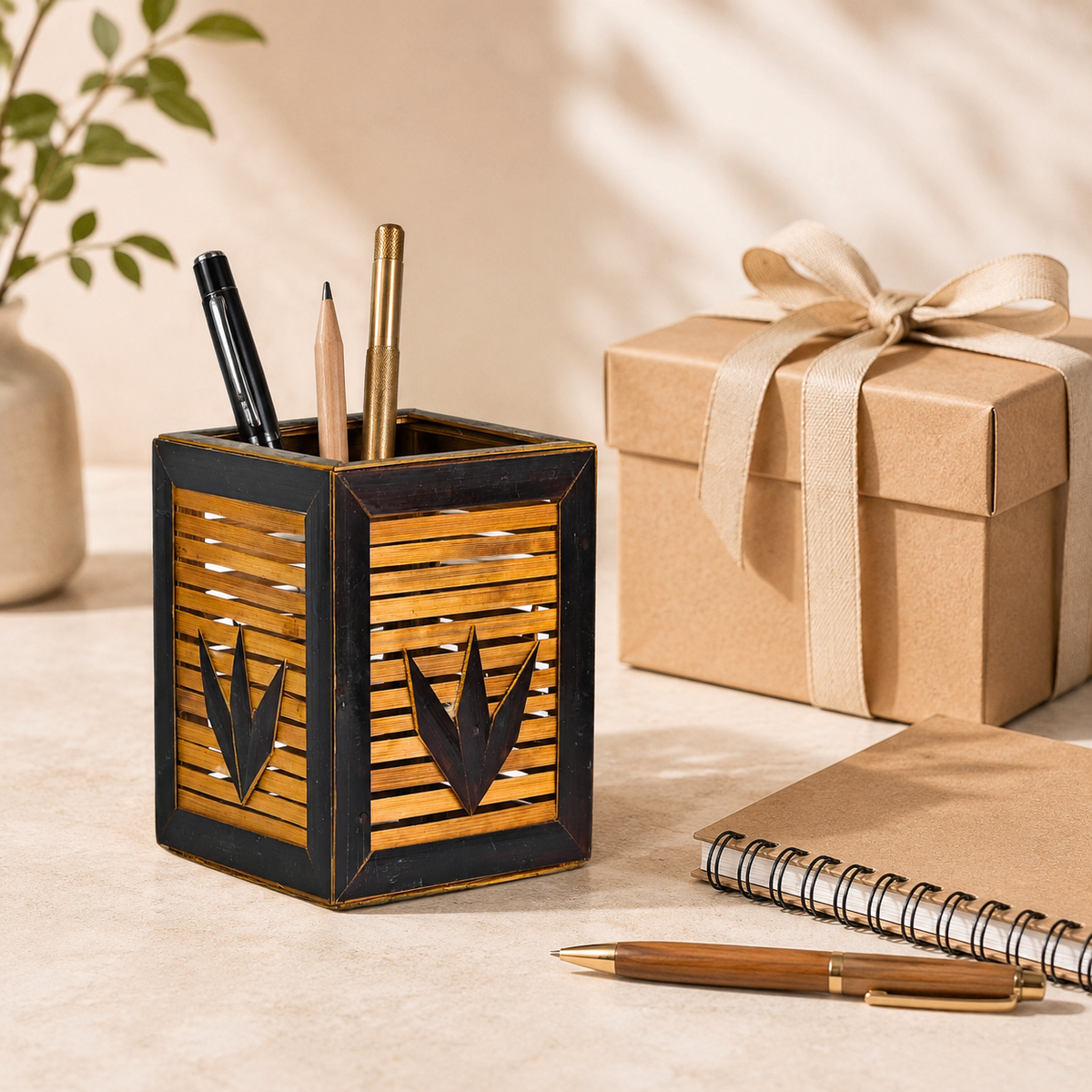 Bastar bamboo pen stand presented as a sustainable desk gift with notebook and gift box