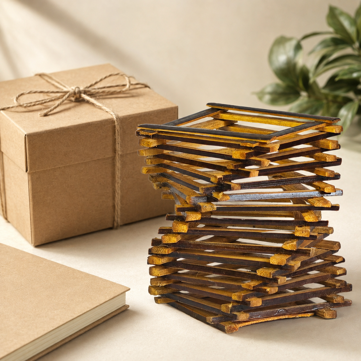 Sustainable handcrafted bamboo pen stand presented beside a kraft gift box and notebook