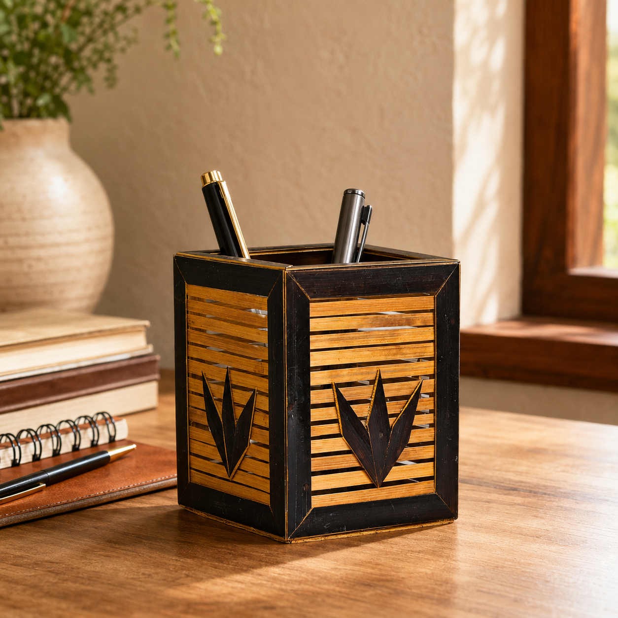 Bastar bamboo pen stand holding pens on a sunlit wooden home-office desk