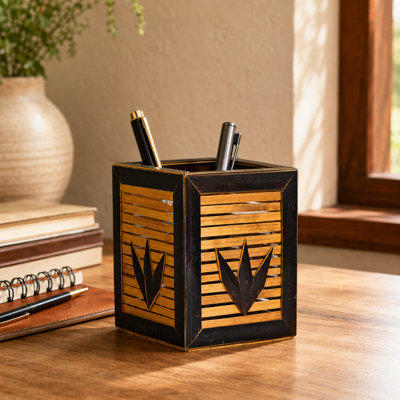 Bastar bamboo pen stand holding pens on a sunlit wooden home-office desk