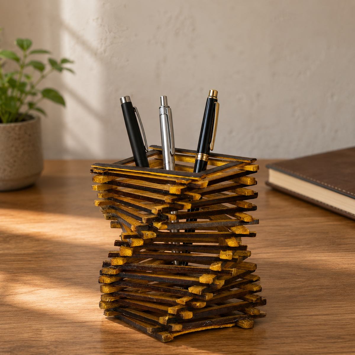 Handcrafted bamboo pen stand holding three pens on a warm home-office desk