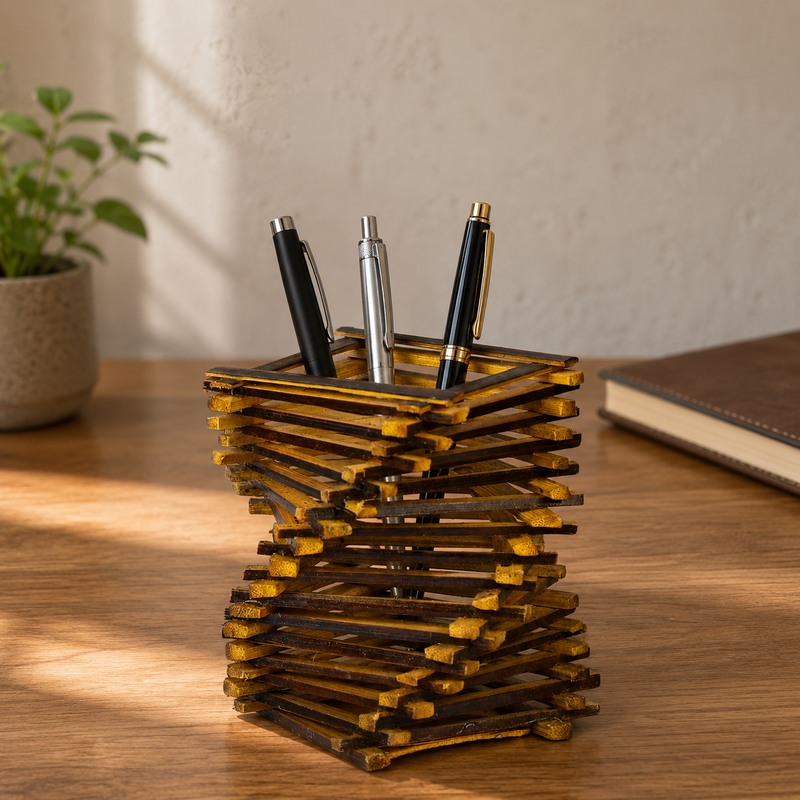 Handcrafted bamboo pen stand holding three pens on a warm home-office desk