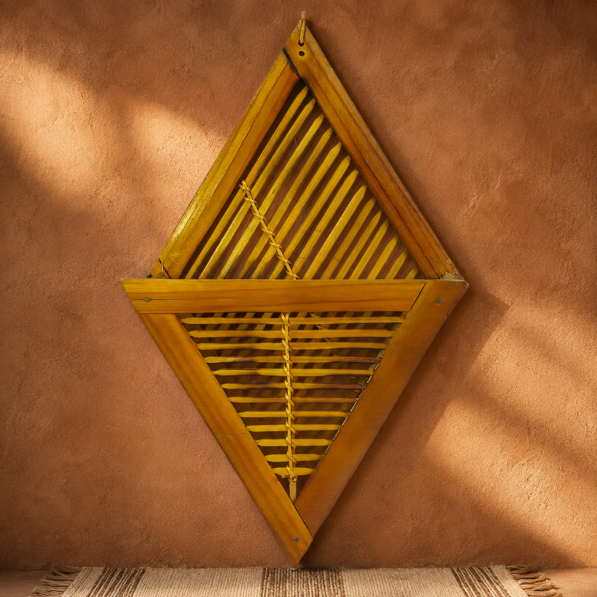 Handcrafted Bastar bamboo wall holder displayed against an earthy terracotta gallery wall