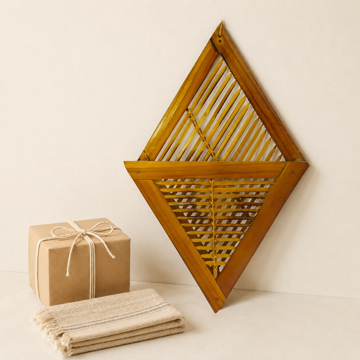 Bamboo wall frame holder presented with a kraft gift box and folded handloom cloth