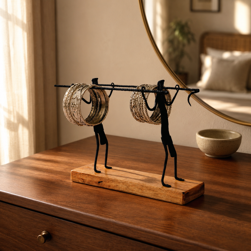 Bastar wrought iron bangle stand displayed on a warm walnut vanity