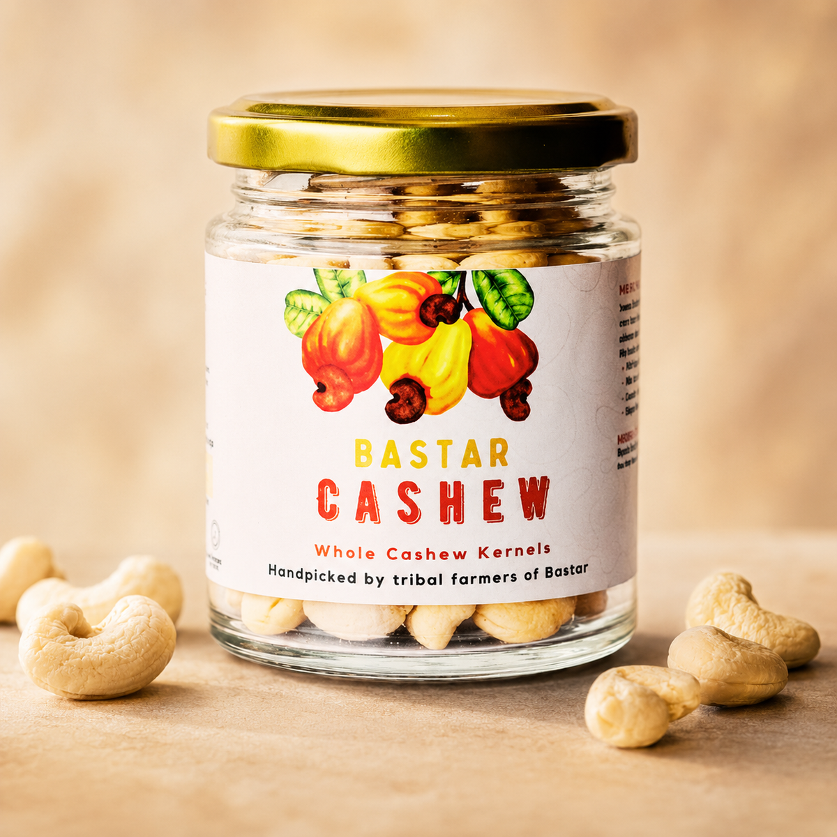 Close-up of the Bastar Cashew jar label and whole cashew kernels