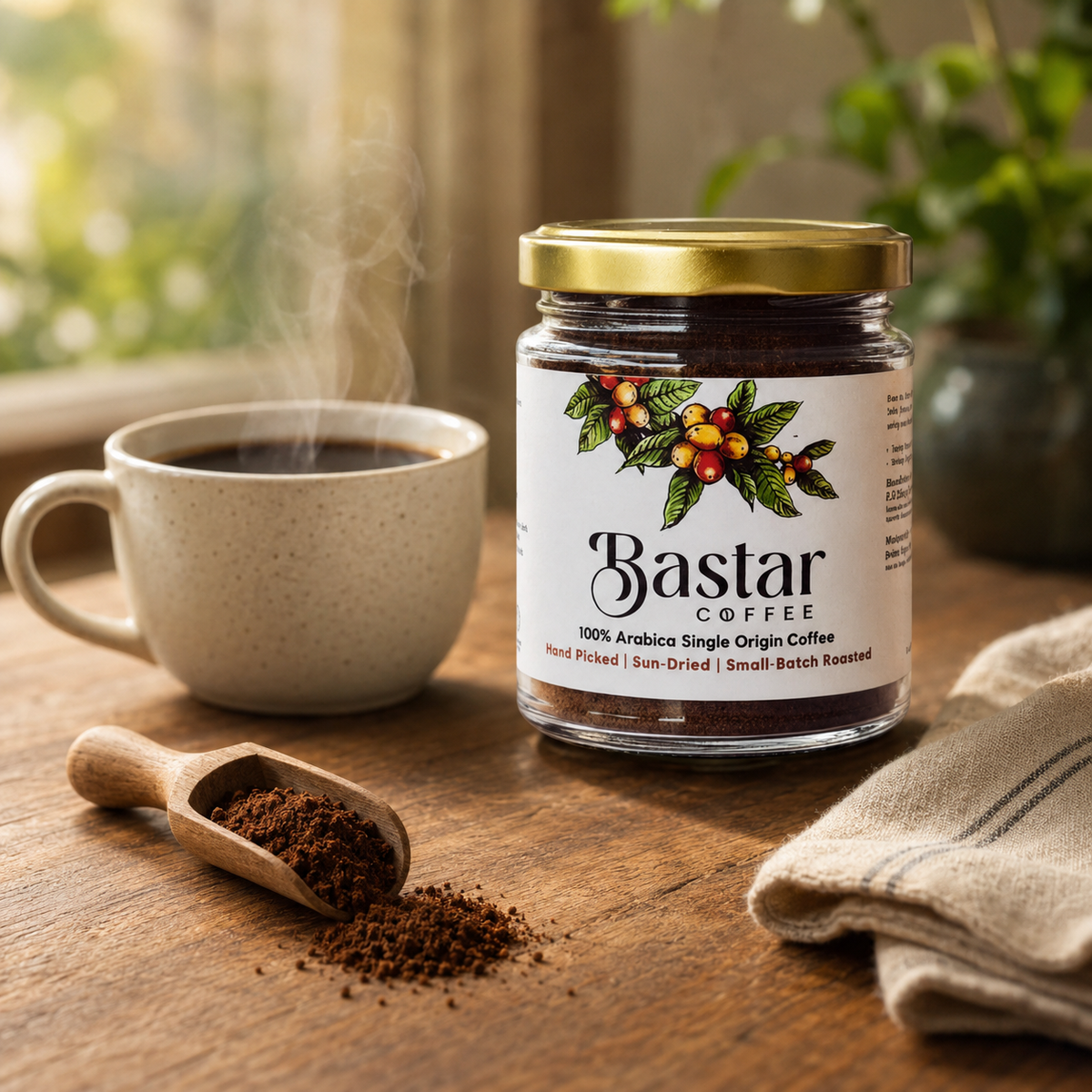 Bastar Coffee jar styled for a warm morning coffee ritual