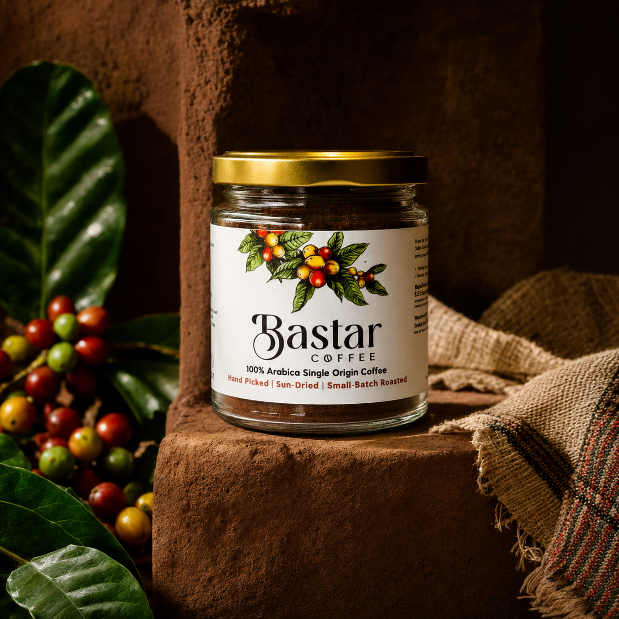 Bastar Coffee jar with coffee leaves and ripe cherries