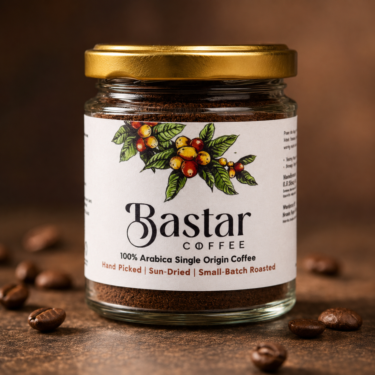 Close-up of the Bastar Coffee jar label and roasted coffee texture