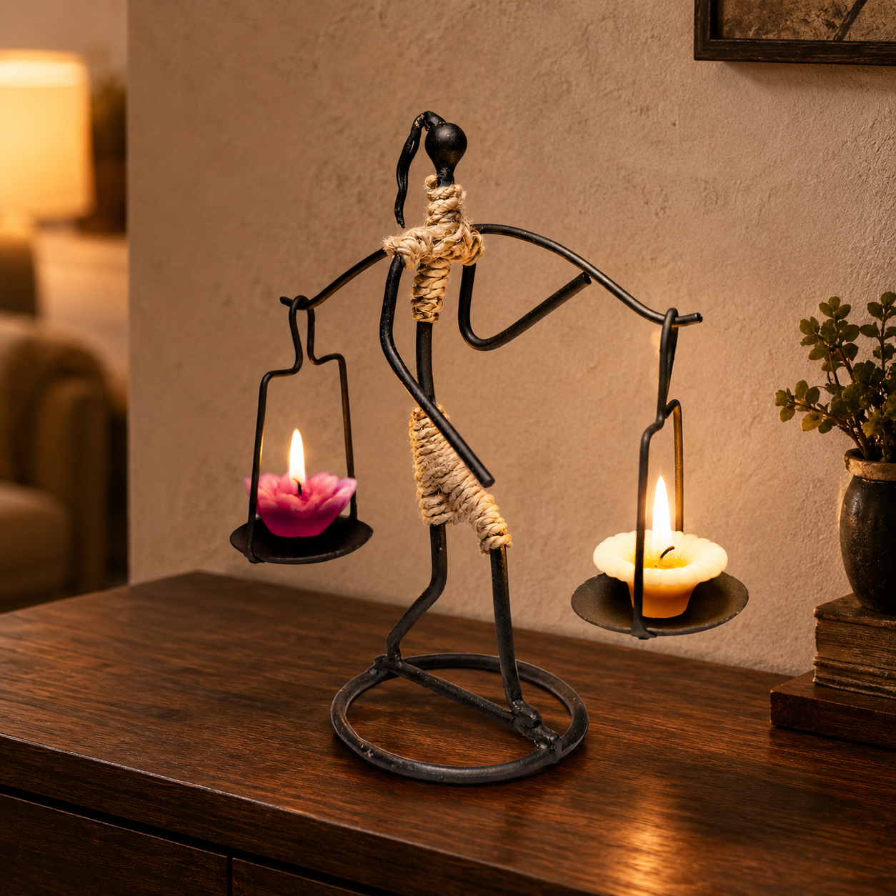 Bastar wrought iron two-candle figure holder displayed on a warm living room console