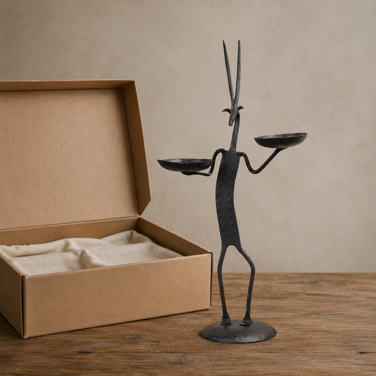 Bastar wrought iron deer candle holder with two bowls beside an open gift box