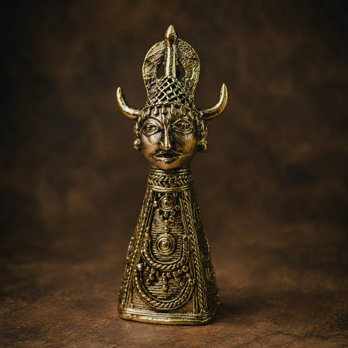 Detailed view of Dhokra Bison Horn Maria paperweight showing horns, headdress and brass relief work
