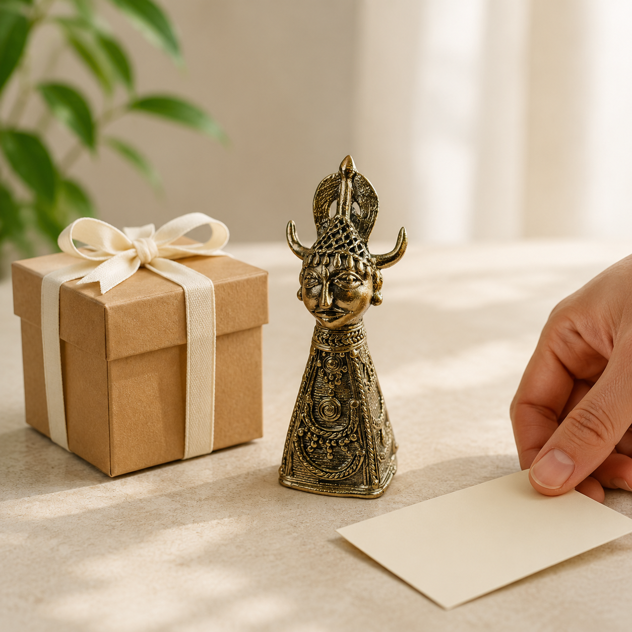 Dhokra Bison Horn Maria brass paperweight beside a ribboned gift box and note card