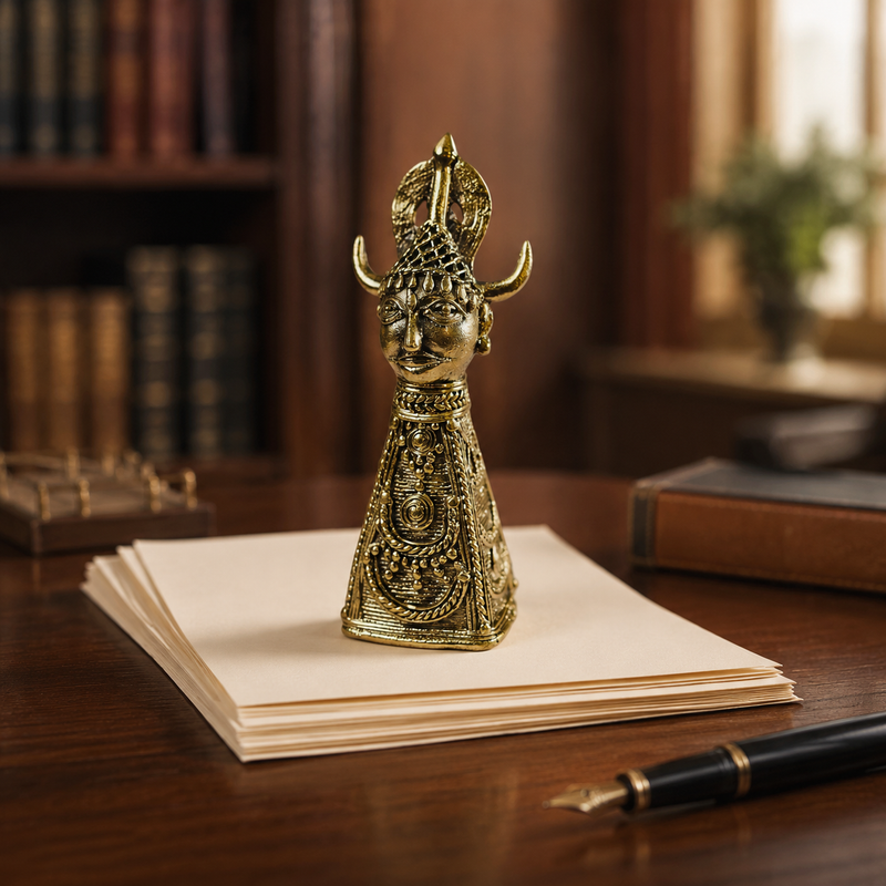 Dhokra Bison Horn Maria brass paperweight holding papers on a walnut writing desk