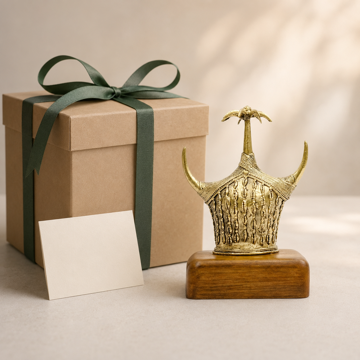 Dhokra Bison Horn brass memento with twin upward horns, crowned stem and wooden base beside a ribboned gift box