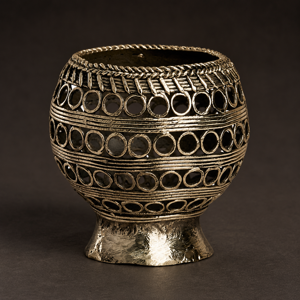 Detailed Dhokra candle holder and pen stand showing the twisted rim, circular openwork and brass patina