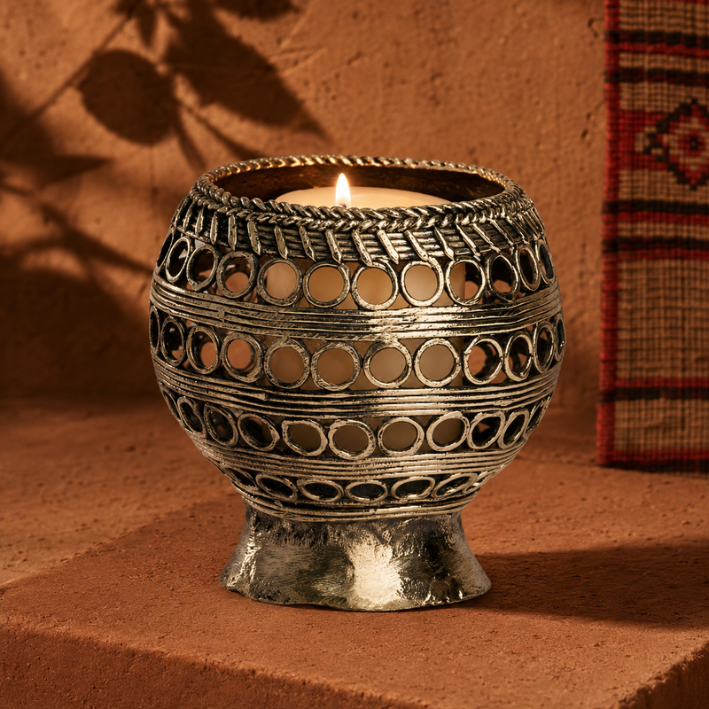 Dhokra candle holder with an ivory votive in an earthy Bastar-inspired setting