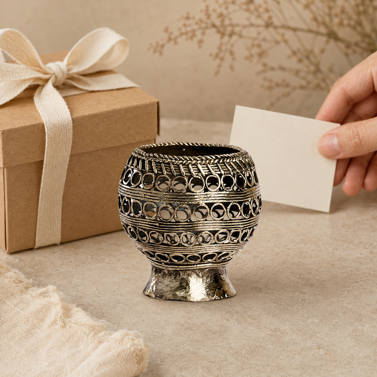 Dhokra candle holder and pen stand beside a kraft gift box with a blank gift card for scale