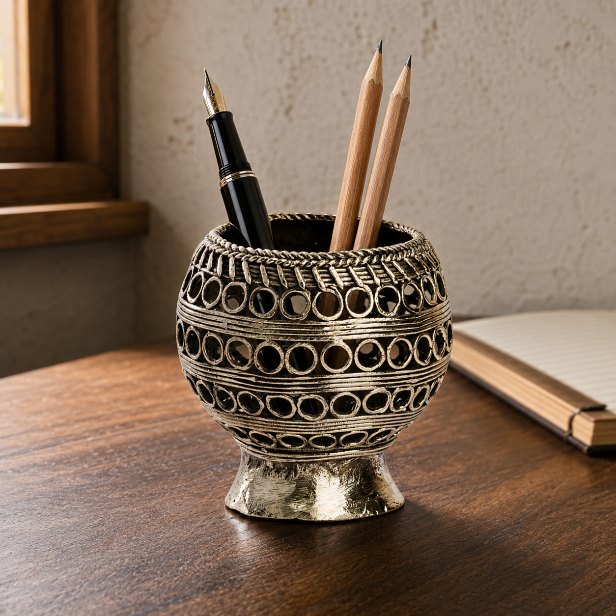 Dhokra pen stand holding one black pen and two wooden pencils on a walnut desk