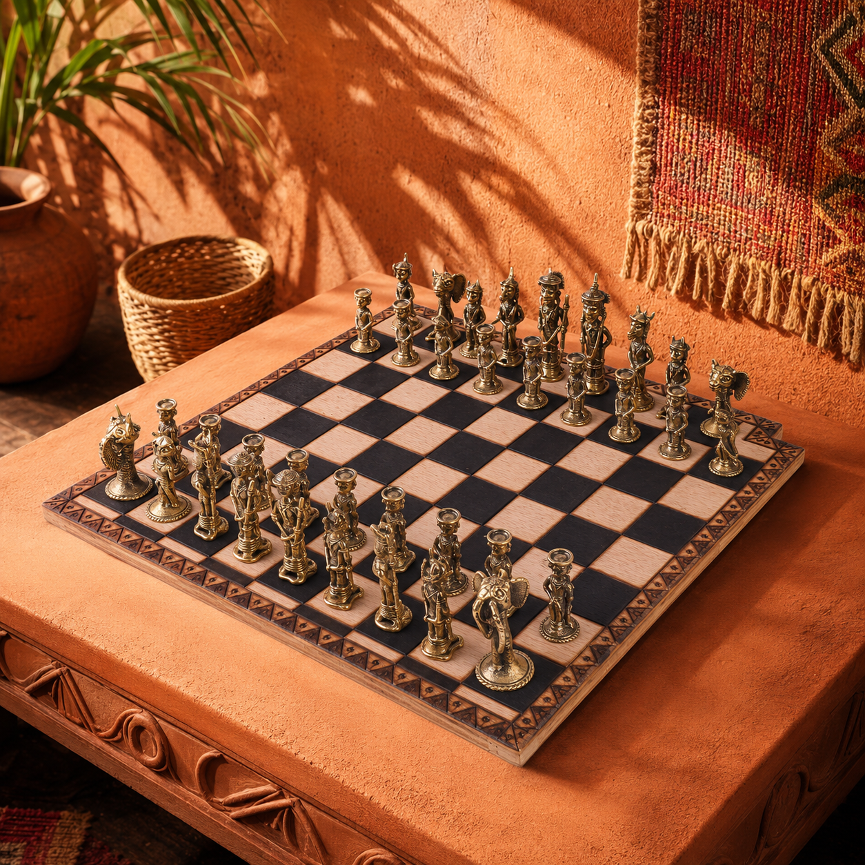 Complete Dhokra brass chess set in a warm Bastar craft editorial setting