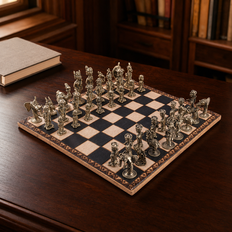 Complete Dhokra brass chess set displayed on a dark wooden library table