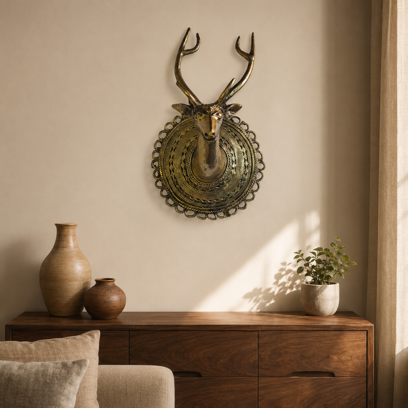 Dhokra Deer Head Design 1 displayed above a walnut console in a contemporary room