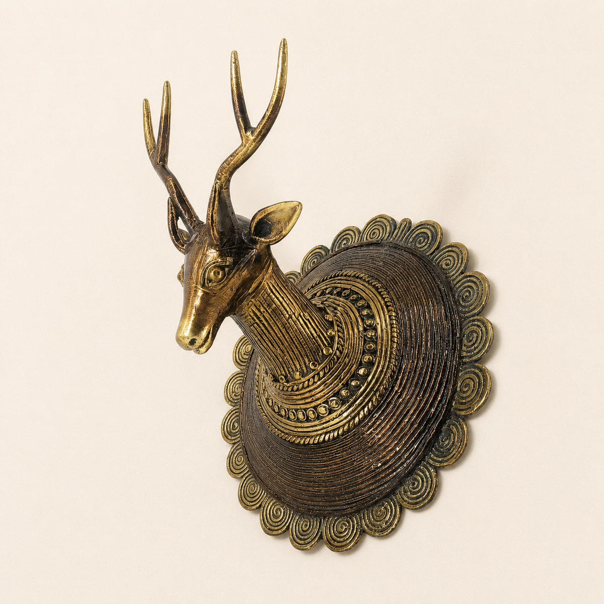 Dhokra Deer Head Design 2 brass wall showpiece on a warm ivory background
