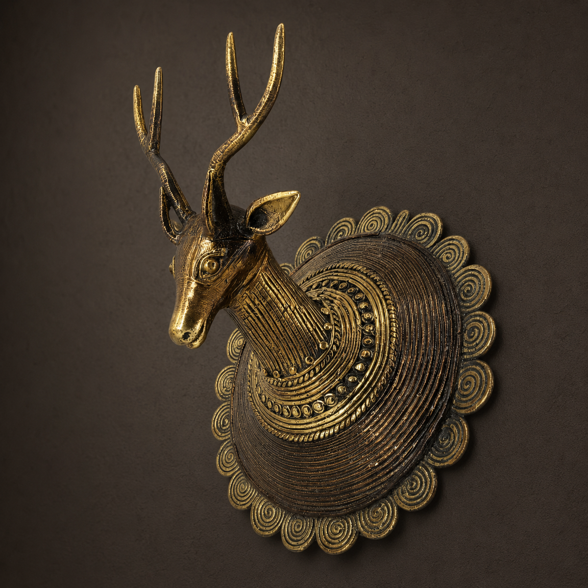 Detailed Dhokra Deer Head Design 2 showing antlers, ribbed neck, concentric coils and spiral brass border