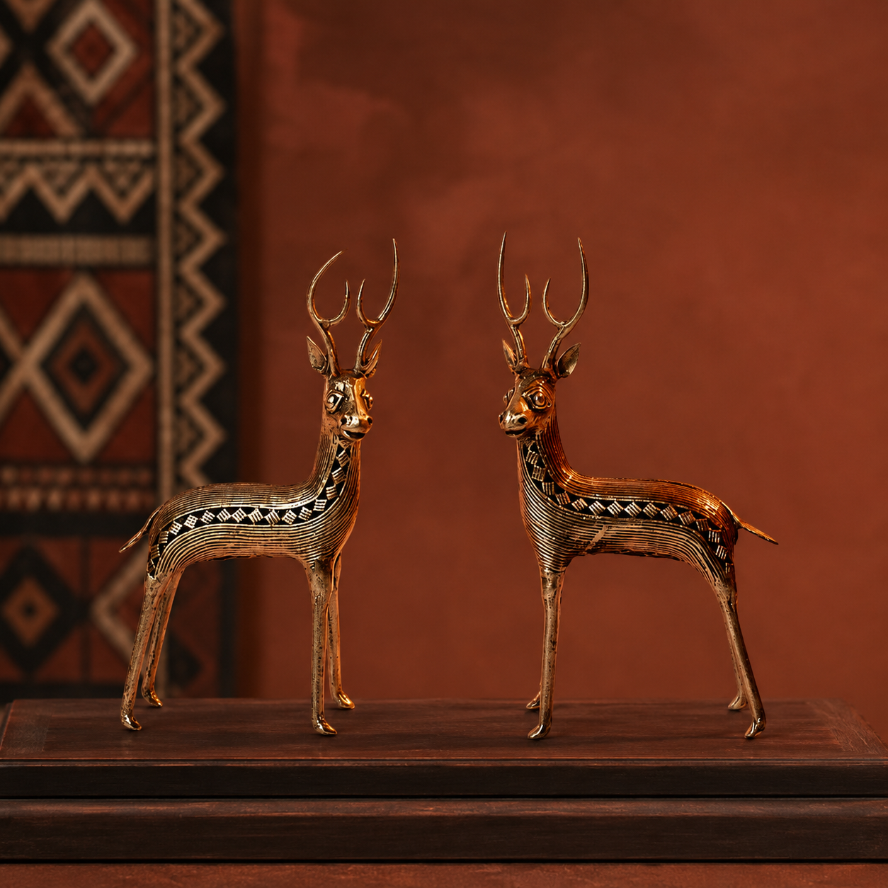 Dhokra Deer Set Design 2 displayed in a terracotta Bastar craft editorial setting