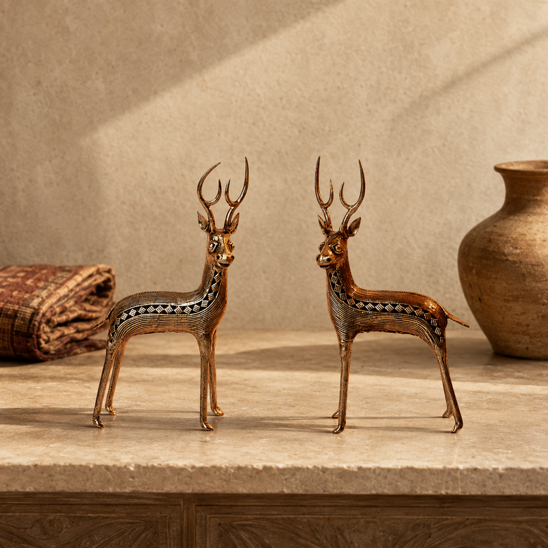 Dhokra Deer Set Design 2 styled on a warm stone console in an Indian living room