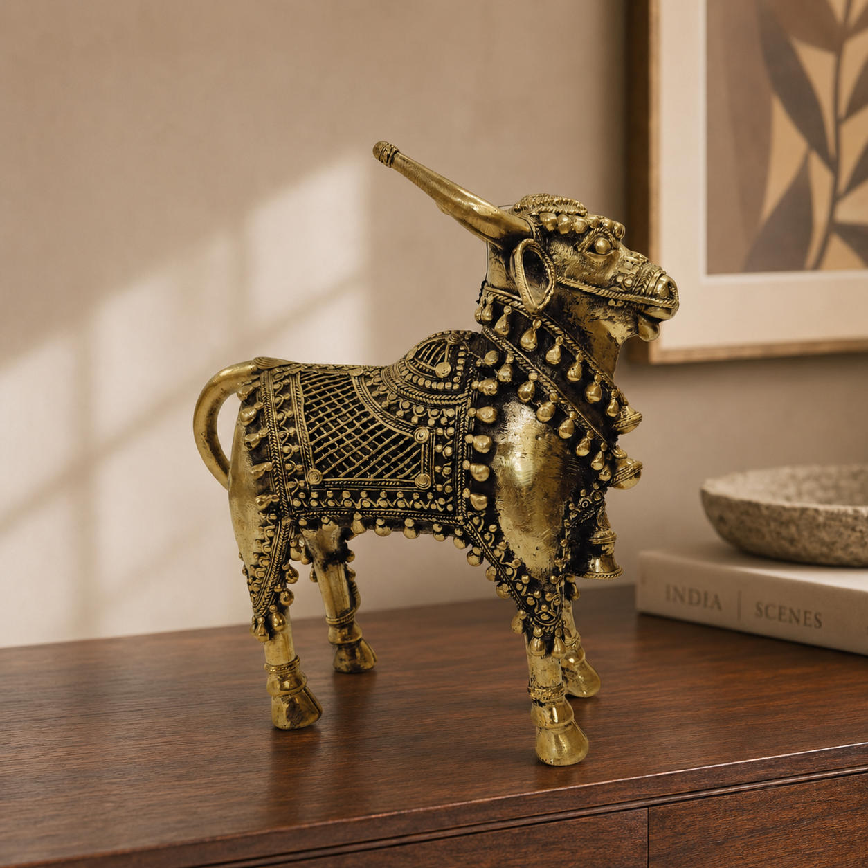 Ornate Dhokra Designer Nandi styled on a contemporary walnut console