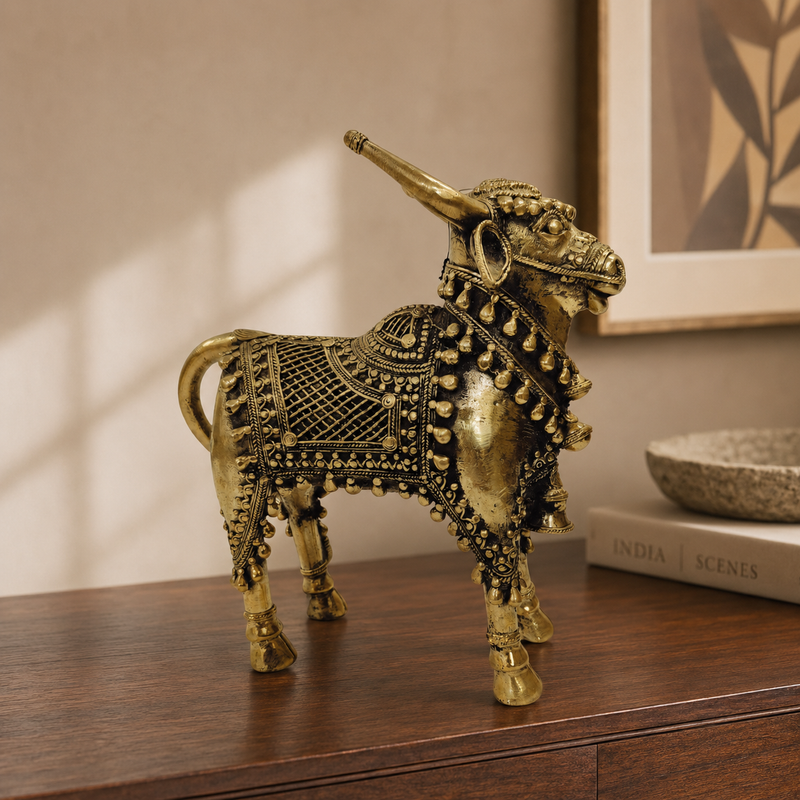 Ornate Dhokra Designer Nandi styled on a contemporary walnut console