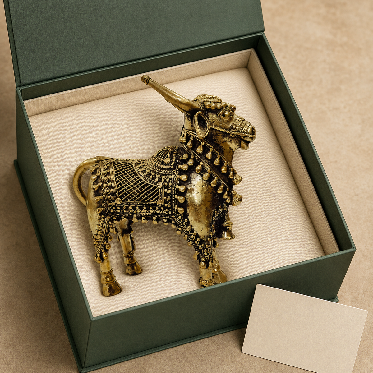 Ornate handcrafted Dhokra Designer Nandi presented in a green gift box