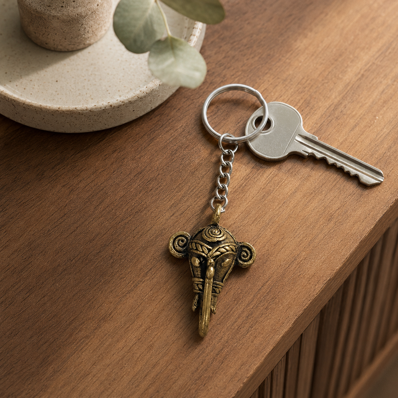 Dhokra elephant keyring attached to a house key on a warm wooden entryway table