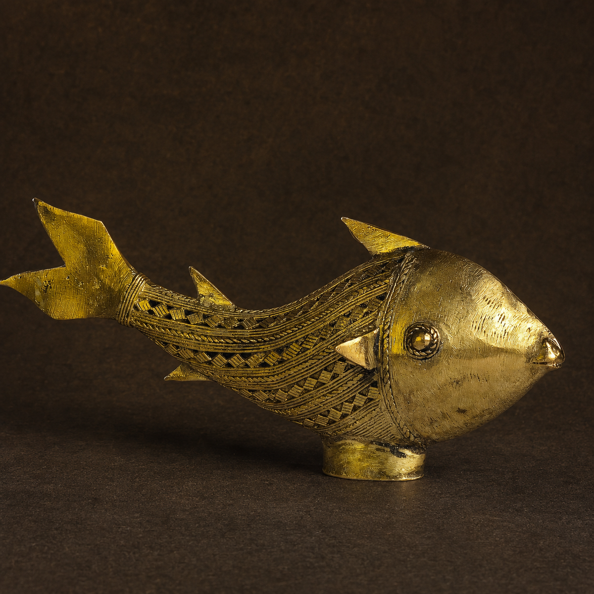 Detailed view of Dhokra Fish showing its raised eye, forked tail, fins, wirework patterns and brass casting texture