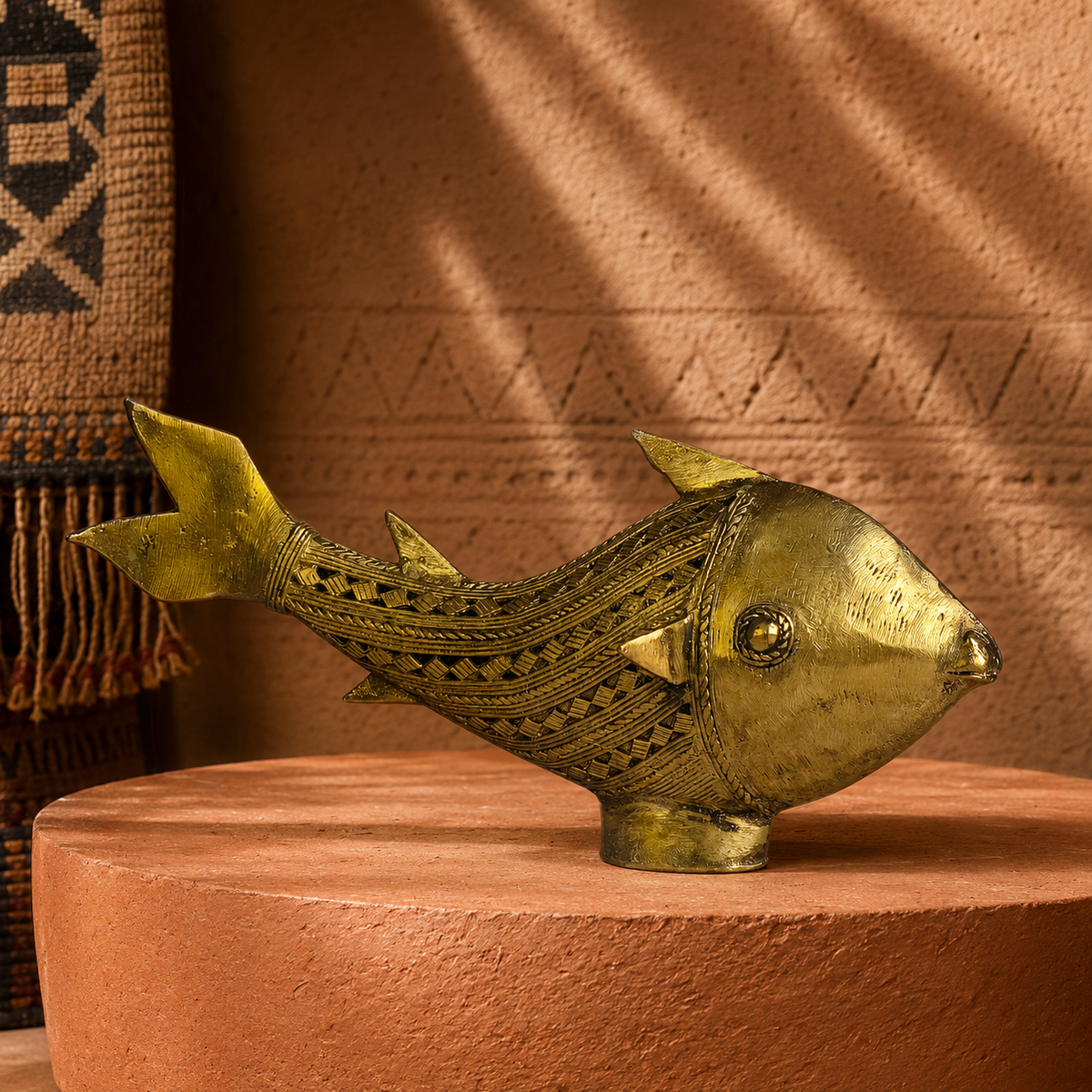 Dhokra Fish on a terracotta plinth in a Bastar-inspired editorial setting