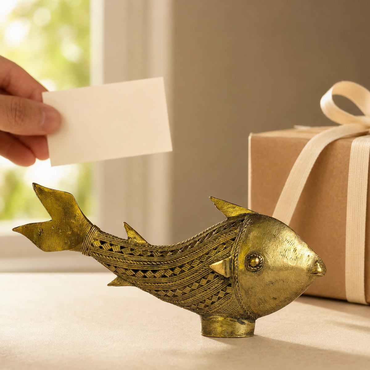 Dhokra Fish beside a kraft gift box with an adult hand holding a note for scale