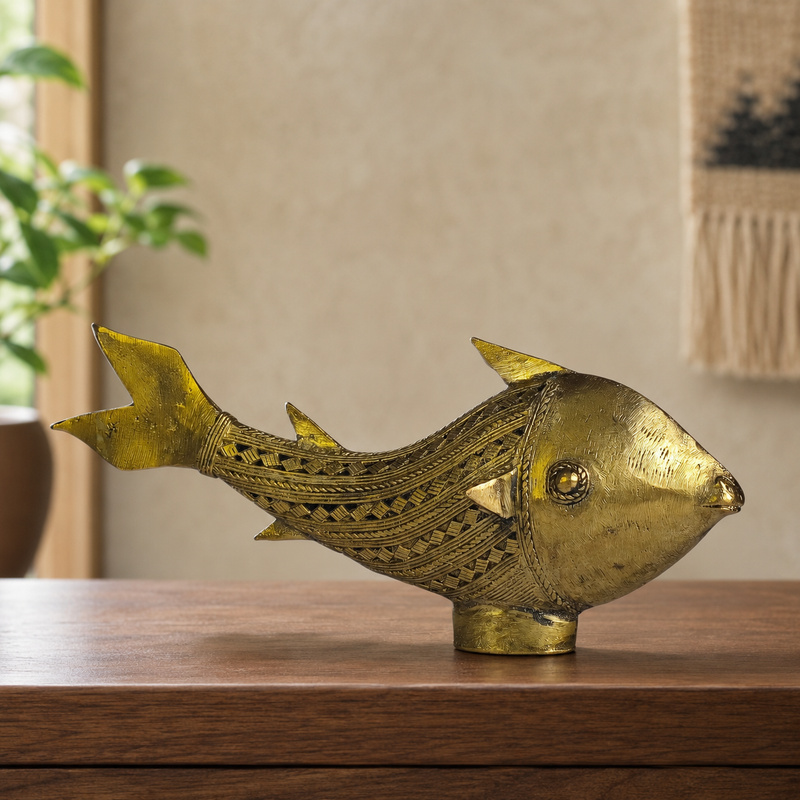 Dhokra Fish displayed on a walnut shelf in a calm contemporary living room