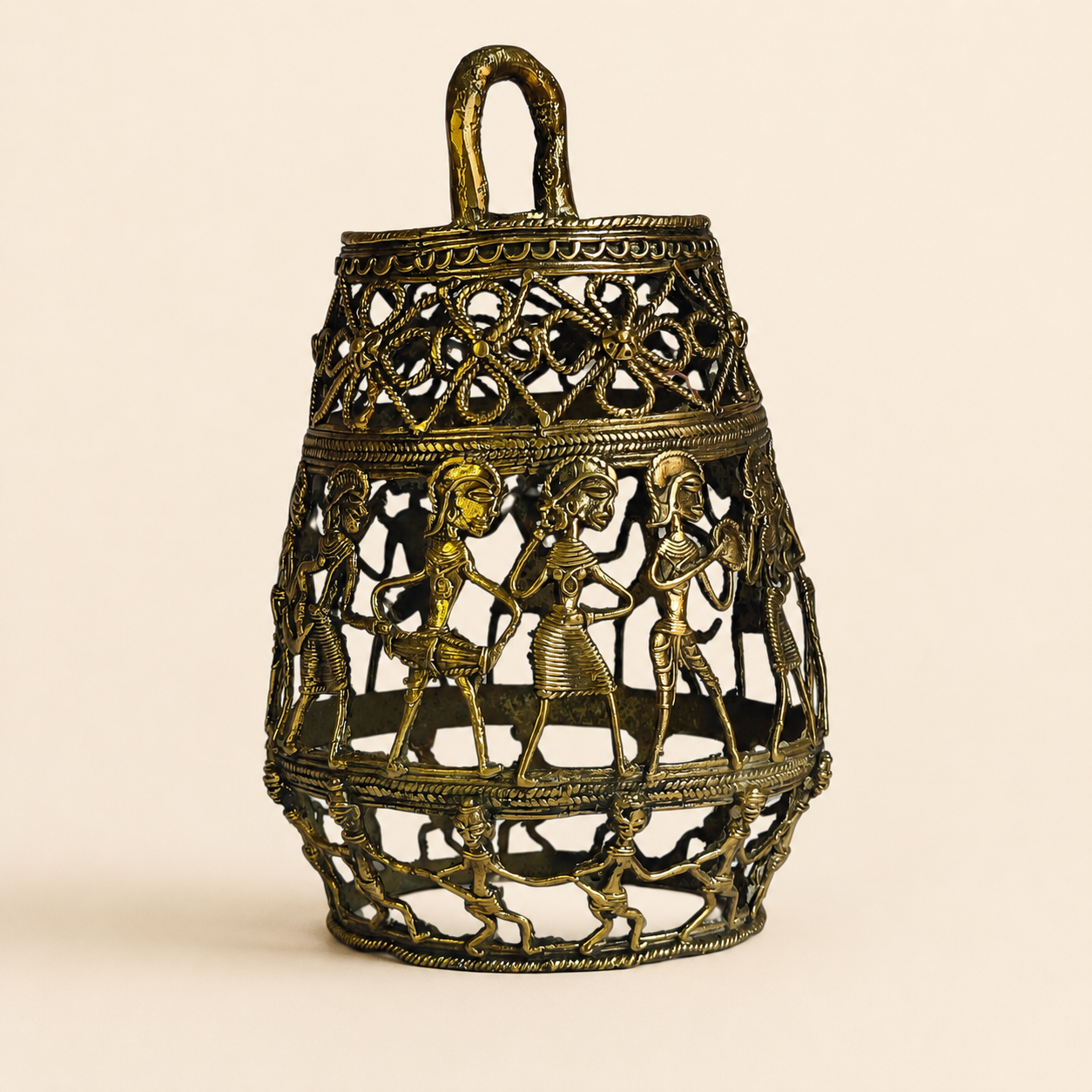 Dhokra Lamp Design 3 openwork brass lamp on a warm ivory studio background